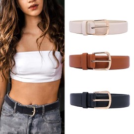 STRSTAR 3 Pack Belts for Women Leather Belts for Jeans Faux Leather Waist Belt, Ladies Belt with Gold Buckle Black Brown Beige