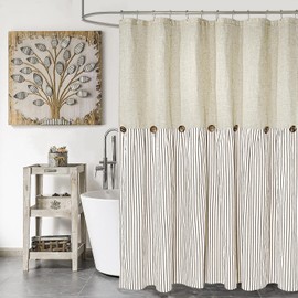 DOSLY IDÉES Farmhouse Shower Curtain,Beige and Brown Stripe,Button Curtain,Linen and Cotton Woven Fabric,Rustic Charm Country Chic Style,72x84 in