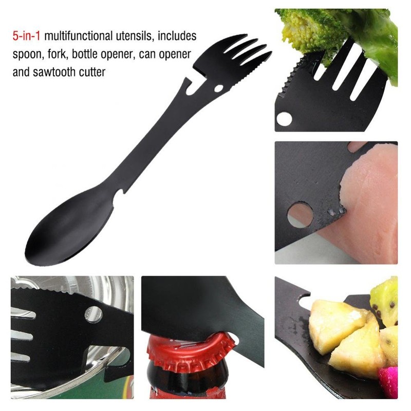 Tenedor de cuchara para acampar, cuchillo multifunción portátil 5 en