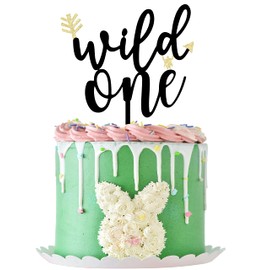 LOVENJOY Wild One - Decoración para tarta de cumpleaños con purpurina negra y dorada, "Where the Wild Things Are Party Supplies para el primer bebé, en caja de regalo