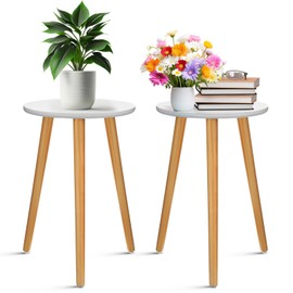 Briwooody 2 Pcs Indoor Plant Stand Mid Century Vintage Wood Plant Table Modern Flower Pots Holder Round Side Table End Table Plant Stools for Living Room Corner Balcony Decor (16.5",White)