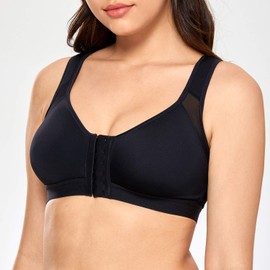 Delimira Women's Front Fastening Bras Non Wired Posture Correcting Back Support Post Surgery Bra Plus Size Comfort Black 34F