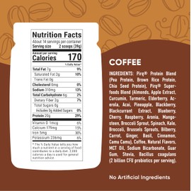 Pirq Dairy Free Protein Powder with 20g Protein, Plant Based, 2B CFU Probiotics, 25 Superfoods Greens and Fruits, Vegan, 0g Sugar (14 Servings)(Coffee)