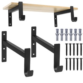 Pack of 2 Shelf Brackets Black Angle Metal Shelf Brackets, Heavy Duty Shelf Brackets with Hooks, 90 Degree Shelf Bracket Wall Mount for Wall Mount Shelf (253 mm/10 Inches/Black)