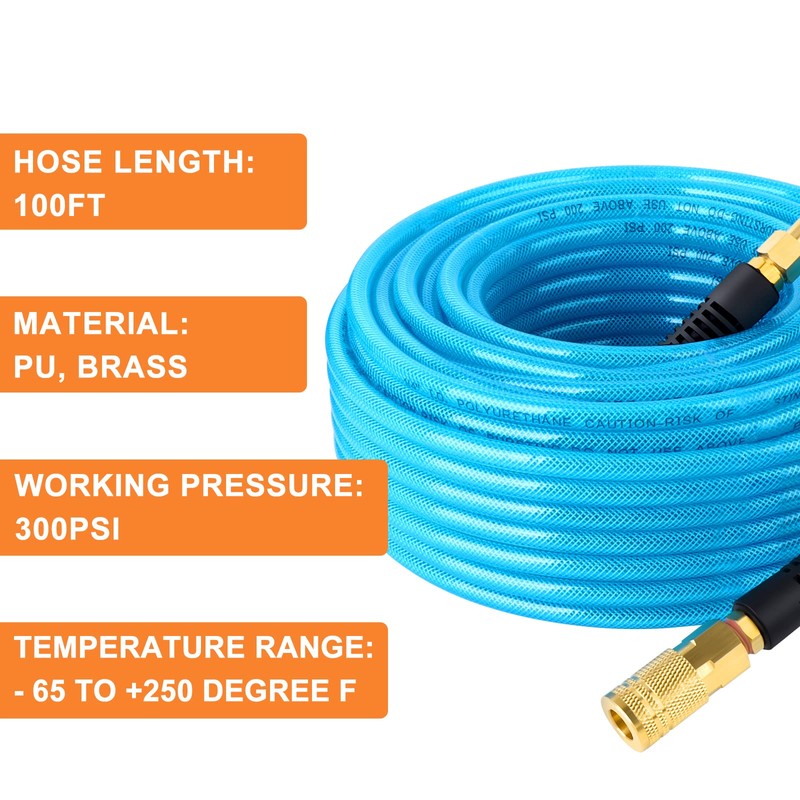 GASHER 1/4'' x 100FT Reinforced Polyurethane Air Hose, Maximum Working