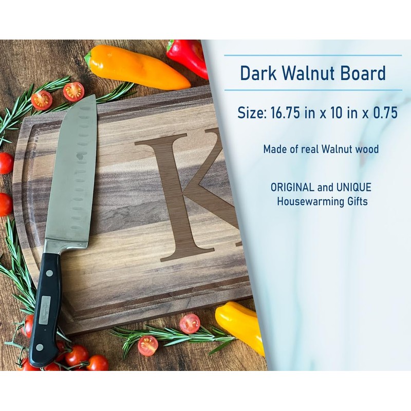 Initial K Engraved Dark Walnut Cutting Board for Luxury Kitchen