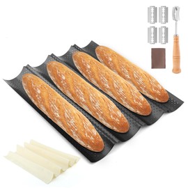 HKZTUY French Baguette Baking Pan Set, Nonstick 4-Loaf Perforated Pan with Proofing Cloth & Dough Cutter, Complete Baking Kit for Professional Home Bakery, Artisan Bread Makers
