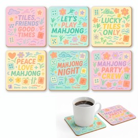 Mahjong Coasters Set of 6, 3.94" x 3.94" Cork Drink Coasters, Cute Pastel Tile Designs, Mahjong Gifts for Women, Fun Mahjong Accessories for Home Bar, Coffee Table & Housewarming