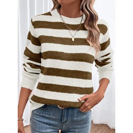 Dokotoo Oversized Sweaters for Women Wool Crewneck Ribbed Knit Tops Striped Color Block Holiday Fall Winter Business Casual Colorful Cashmere Pullover Sweater Trendy Desert Palm Large