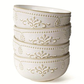 Artena Soup Bowls 32 OZ, Cereal Bowls Set of 4, Embossment Ceramic Ramen Bowls, 6.3 Inch White Salad Bowls, Large Dinner Bowls for Pho, Noodle, Pasta, Snacks, Dishwasher Microwave Safe, Damask Floral