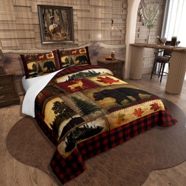 Erosebridal Rustic Comforter Set King, Farmhouse Deer Bear Cabin Plaid Christmas Bedding, Country Western Bedding Set, Woodland RV Duvet Insert, Maple Leaf Lodge Quilt Comforter, Burgundy Red Brown