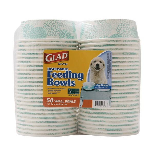 Glad for Pets Disposable Feeding Bowls | Small Dog Bowls in Teal Pattern | 1.75 Cup Feeding Size, 50 Count - Dog Bowls are Great for Dry and Wet Dog Food or Water
