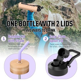 NOLOGLAZIC Glass Water Bottles with Straw -32oz- Water Bottle Phone Holder for Gym Large Motivational Water Bottle with Time Marker Glass Drinking Bottles 2 Lids - Spout & Bamboo Straw Lid(Purple)