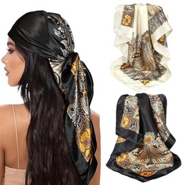ZUJIACUN 2PCS Multicolored Satin Large Square Scarf, Silk Like Neck Scarf, Hair Wrap, Shawl for Women