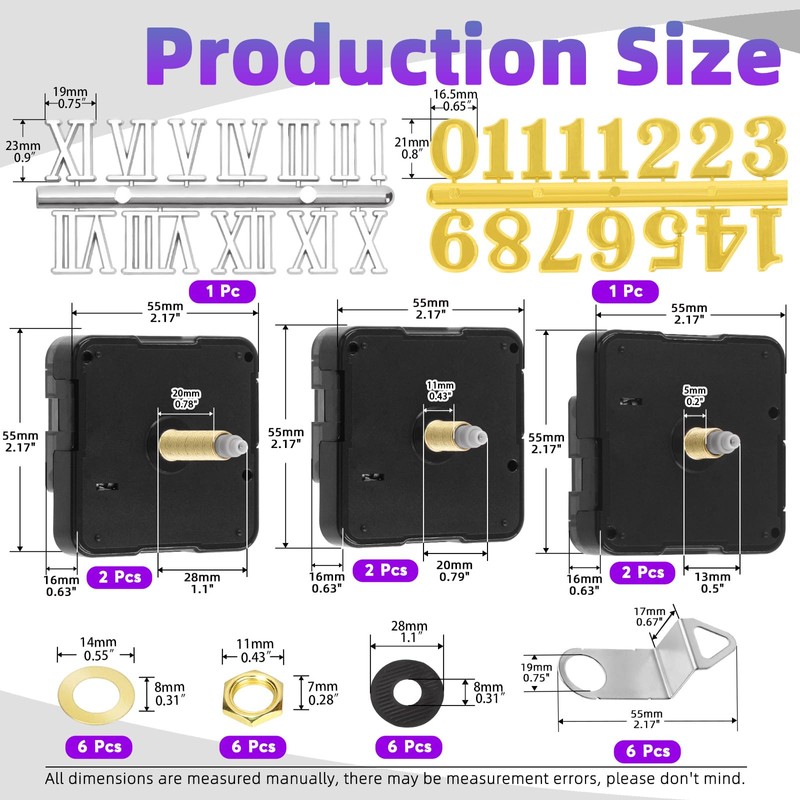 Swpeet 6Pcs 3 Sizes 13mm/20mm/28mm Clock Movement Mechanism Kit, 6