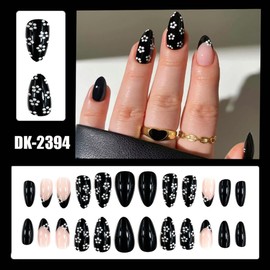 Flower Almond Press on Nails Medium Fake Nails with White Floral Designs Black Nails Press ons Nude Pink Acrylic Nails Glossy Glue on Nails Fall Artificial Stick on Nails for Women 24Pcs