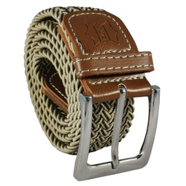Belt Up Mens Ladies 1.25 Inch Braided Elastic Woven Webbing Casual Smart Belt With Leather (Beige/Brown, XL 40" - 44")