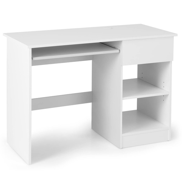 IFANNY White Computer Desk with Drawers, Modern Office Desk with Keyboard Tray and Open Storage Shelf, Work Desk for Home Office, Small Computer Desk for Small Spaces…