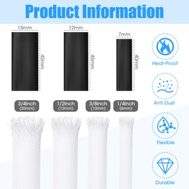 Tatuo 65.6 ft Expandable Braided Cable Sleeve Multi Size Braided Wire Sleeve with 120 Pcs Heat Shrink Tubing for Television Audio Computer Cables Video Pets,1/4 in,2/5 in,1/2 in,3/4 in (White)