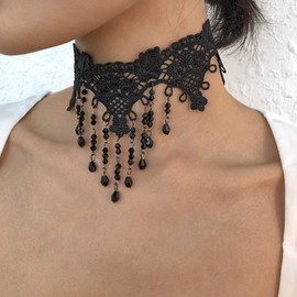 Asphire Gothic Lace Choker Necklace Black Crystal Tassel Collar Necklace Sexy Women's Costume Party Vintage Thick Choker (A)
