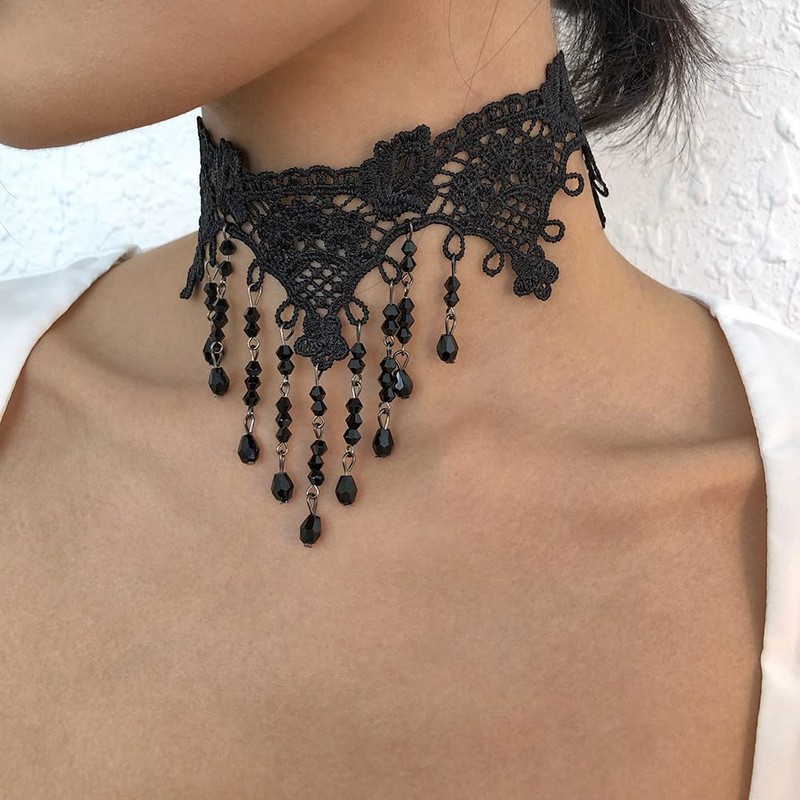 Asphire Gothic Lace Choker Necklace Black Crystal Tassel Collar Necklace