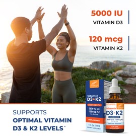 Sandhu's Vitamin D3 K2 Drops for Adults | 5000 IU D3 Liquid, 120mcg K2 Supplement 1 Fl Oz (Pack of 1) | D3K2 Supports Superior Absorption, Energy, Immune, Muscle Health for Men & Women