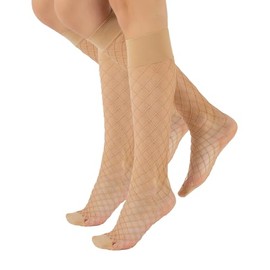 CALZITALY 2 Pairs Knee Fishnet Stockings Large Hole Pattern Black Beige Made in Italy, beige