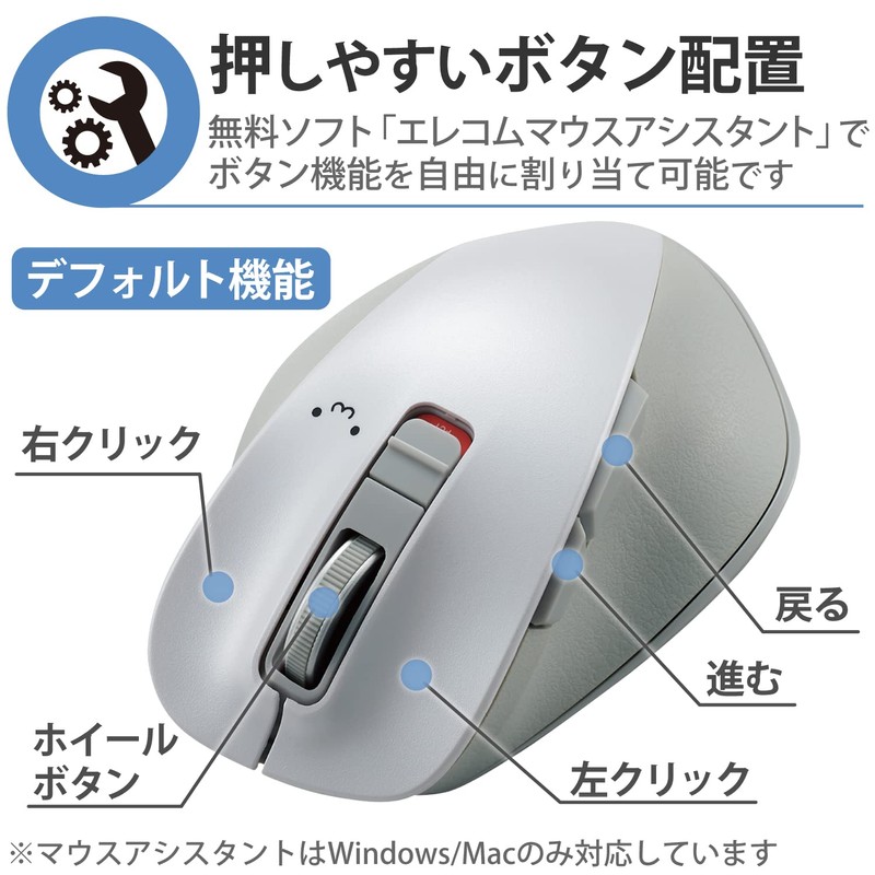Elecom M-XGM15BBSWF/EC Wireless Mouse, Bluetooth EX-G, Extreme Grip, Quiet Design,