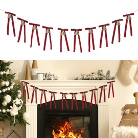 Burgundy Christmas Jingle Bell Garland with Velvet Bows Vintage Ribbon Bows Bells Banner 6 ft Christmas Hanging Ornaments Rustic Decor for Xmas Tree Home Mantel Fireplace Wall Staircase
