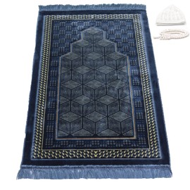 Modefa Turkish Islamic Prayer Rug - Comfortable Muslim Praying Mat for Men & Women - Soft Velvet Janamaz Praying Carpet - Ramadan or Eid Gift - with Kufi & Beads - Lux Plush Geometric Mihrab (Blue)