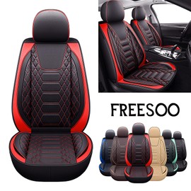 FREESOO Car Seat Covers Front Only 2pcs, Leather Driver Seat Cover Protector Airbag Compatible Universal Fit for Sedan SUV Pick-up Truck Van (Black Red 8-2PCS)