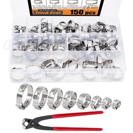 150Pcs 304 Stainless Steel Single Ear Hose Clamp with Ear Clamp Pincer, 6-23.5mm Crimp Hose Clamp Assortment Kit Cinch Rings Crimp Pinch Tools Perfect for Automotive, Home Appliance Line and Plumbing