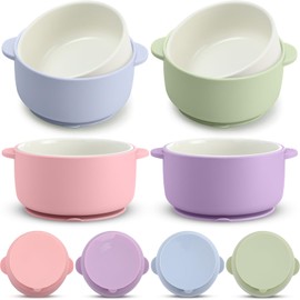 Domensi 4 Sets Kids Porcelain Bowls with Suction Sleeves Toddler Suction Bowl Upgrade Durable Microwave Dishwasher Safe Cereal Soup Snack Dishes for Baby Children Feeding Supplies (Macaron Colors)