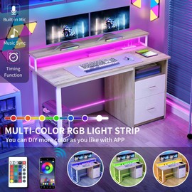 YITAHOME Computer Desk with Drawers, 47.2" Office Desk with Power Outlets & LED Light, Home Office Desk with Storage Shelves, White & Oak