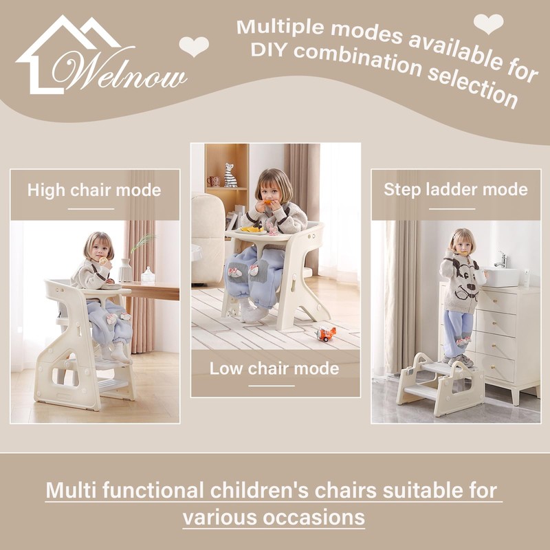 Welnow Toddler Kitchen Step Stool Helper, 3-in-1 Adjustable Kids Learning