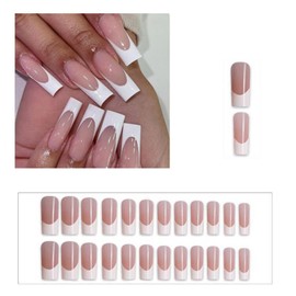 Ling & Bai Long Square French False Nails 24Pcs Fake Stick on Matte Nude White Full Cover Glue-on for Women and Girls (Pink, One Size)