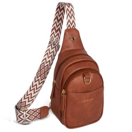 OSOCE Crossbody Bag for Women Leather Sling Belt Bag Small Shoulder Chest Bag Purses with Adjustable Guitar Strap Phone Cable Hole Fanny Pack Boho Style Cross Body Bags with for Ladies Shopping Travel