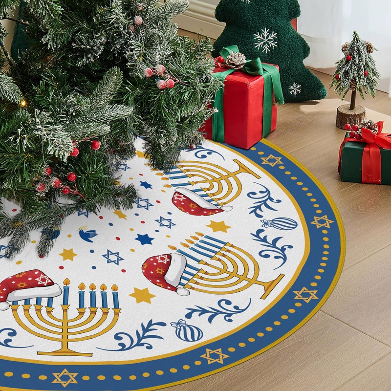 EKOREST Hanukkah Christmas Tree Skirt 36 Inches, Candlestick with Hat