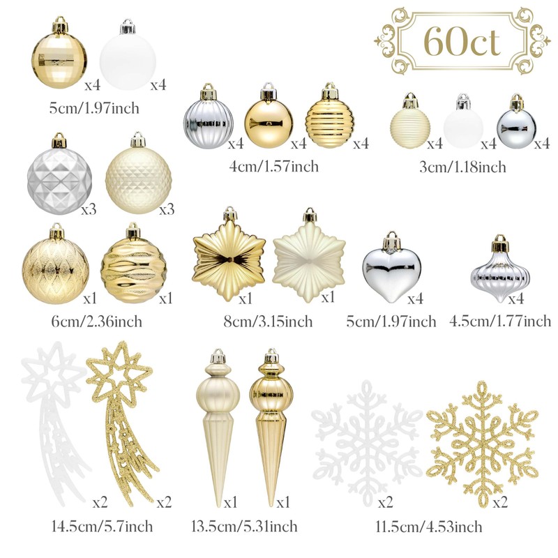Valery Madelyn Christmas Tree Decorations 60pcs, Gold and Silver White