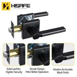 HISAFE Heavy Duty Passage Door Lever, Matte Black Square Door Handle Interior no Locking Door Lock for Hallway and Closet, Reversible Right and Left, 1 Pack