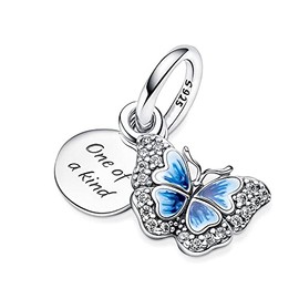 BEEUVIP Blue Butterfly & Quote Double Dangle Charm 925 Sterling Silver Openwork Bead for Charm Bracelets and Necklaces, Birthday Mothers Day Jewelry Gifts Women
