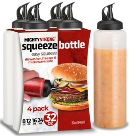 Mighty Strong Condiment Squeeze Bottles - 32 Oz Squirt Bottles for Liquids, Easy Pour Sauce Bottles with Leak Proof Snap Cap
