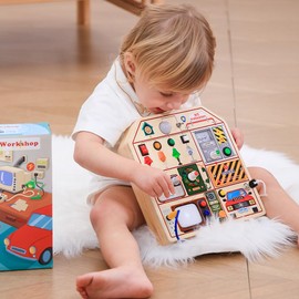 JAUNTY Montessori Wooden Busy Board for Toddlers 1 2 3 Years Old, Wooden Sensory Toddler Toys with LED Light Switches, TV Radio Telegram and Car Driving, Travel Toys Birthday for Boys Girls