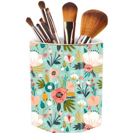 Jwest - Soporte para brochas de maquillaje, cerámica con patrón floral dorado brillante, para niñas y mujeres, organizador de computadora, regalo para oficina, aula, hogar, flores de menta