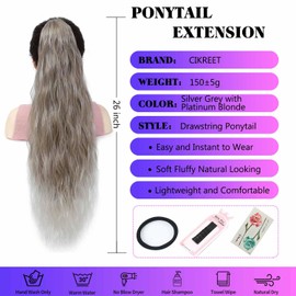Silver Grey Platinum Blonde Ponytail Extension Drawstring Ponytail Curly Ponytail Extension for Women Pony Tails Hair Extensions 26 Inch Long Ponytail Extension Clip in Ponytail Hair Extensions
