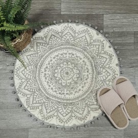 KIMODE Boho Round Rug 90cm, Non Slip Area Rugs for Bedroom Mandala Soft Machine Washable Rugs Living Room Indoor Mat Entryway Rug Non Shedding Boho Rug for Bedroom Living Dining Room (Grey)