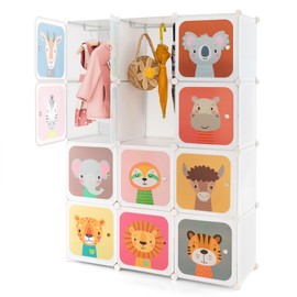 HONEY JOY Kids Wardrobe Closet, Baby Cartoon Clothes Storage Organizer, 12 Cubes & 2 Hanging Sections, Portable Children DIY Modular Bedroom Armoire Dresser Cabinet for Boys Girls (White)