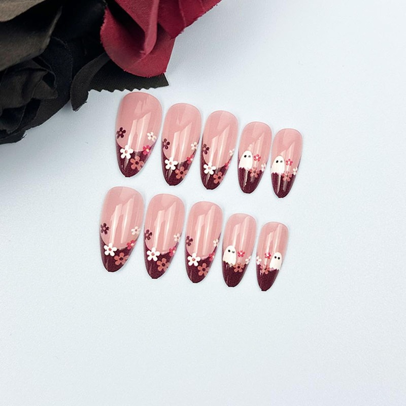 24Pcs Red Brown French Tip Press on Nails Medium Almond