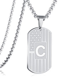 RWQIAN Silver American Flag Initial Dog Tag Necklace for Men Boys, Stainless Steel Letter C with 24 Inch Chain Military Pendant Jewelry Gift for Valentine's Birthday Christmas Anniversary Fathers Day