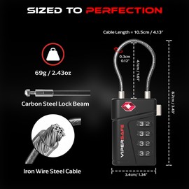 ViperSafe TSA Approved TSA008 Luggage Locks with Inspection Alert – 4-Digit Combination Travel Padlock with Flexible Cable for Suitcases & Backpacks (2-Pack, Black & Black)